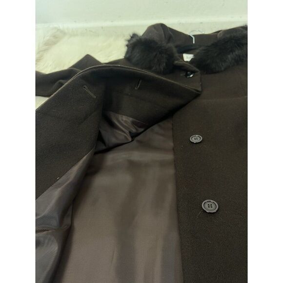 John Weitz Vintage Brown Wool Rabbit Fur Trim Hooded Wool Over Coat Size 14P - Picture 7 of 12
